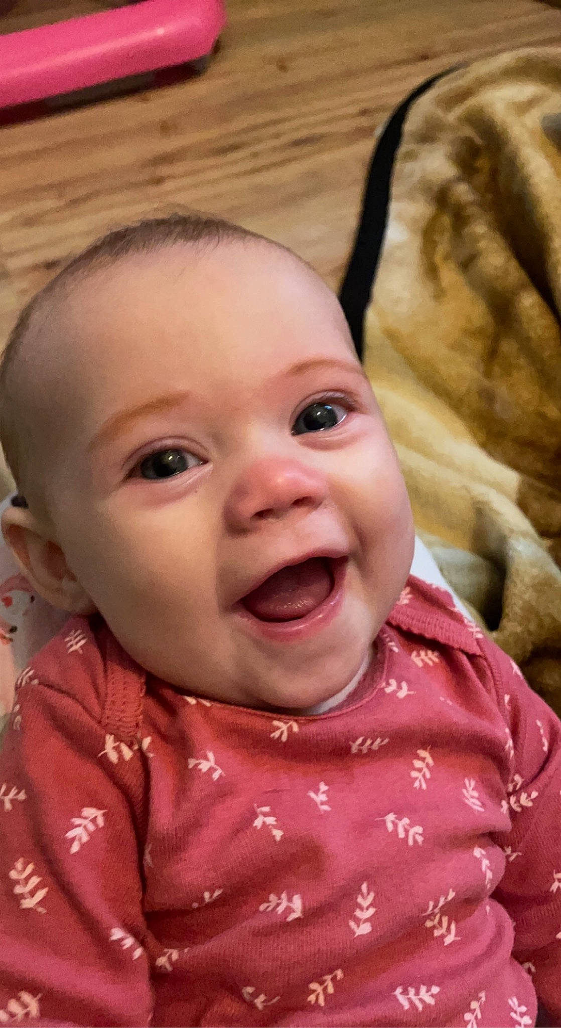 Katrina is registered to the contest to win money with this photo: baby, baby_laughing, baby_toddler_clothing, cheek, child, chin, eye, fun, gesture, happy, iris, lip, mouth, nose, person, pink, skin, sleeve, smile, toddler