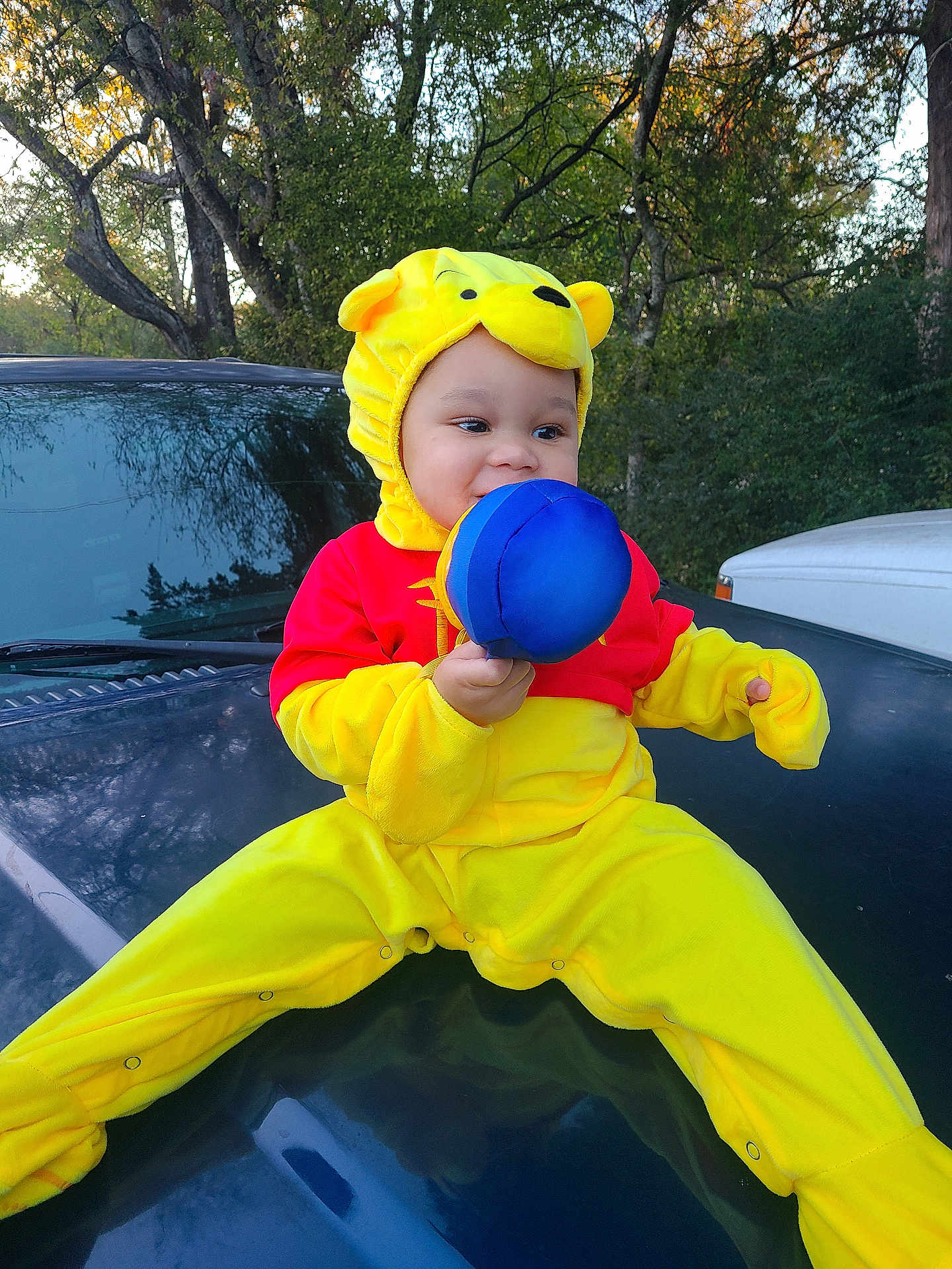 A'Mir joined the competition — help win amazing prizes! toddler, child, costume, yellow, red, plush_toy, car, hood, outdoor, trees, nature, greenery, cute, smiling, baby, playful, autumn, daylight, person, portrait