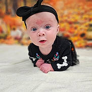 Daisy is registered to the contest to win money with this photo: autumn_background, baby, baby_face, black_clothing, blue_eyes, bones_pattern, child, closeup, colorful_background, curious_expression, cute, fall_colors, headband, headwear, indoors, infant, lying_down, portrait, soft_surface, young_child