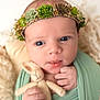 Fern is registered to the contest to win money with this photo: baby, child, closeup, cozy, crown, cute, expression, face, green_clothing, hand, headband, indoor, infant, newborn, plush_toy, portrait, soft_texture, succulent, toy, wrapped