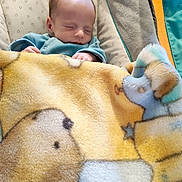 Charly a rejoint le concours — aidez-le/la à gagner de superbes lots ! baby, newborn, sleeping, blanket, animal_print, blue_clothing, baby_seat, cushion, infant, peaceful, indoor, soft_texture, cute, resting, child, portrait, small_hands, head, closed_eyes, warm