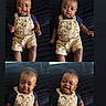 baby, infant, child, portrait, four_panel, collage, smiling, laughing, curious, facial_expression, overalls, navy_shirt, sitting, couch, indoor, dark_background, photography, fashion, cute, closeup