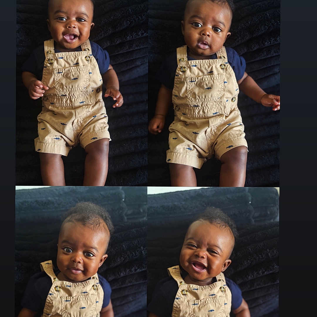 Eziah is registered to the contest to win money with this photo: baby, infant, child, portrait, four_panel, collage, smiling, laughing, curious, facial_expression, overalls, navy_shirt, sitting, couch, indoor, dark_background, photography, fashion, cute, closeup