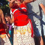 Ilyana participe au concours pour gagner de l'argent avec cette photo : blue_sky, casual_clothing, child, children, daytime, fun, girl, group, nature, outdoor, patterned_skirt, people, playful, posing, red_dress, sandals, smiling, summer, sunlight, trees