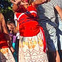 blue_sky, casual_clothing, child, children, daytime, fun, girl, group, nature, outdoor, patterned_skirt, people, playful, posing, red_dress, sandals, smiling, summer, sunlight, trees