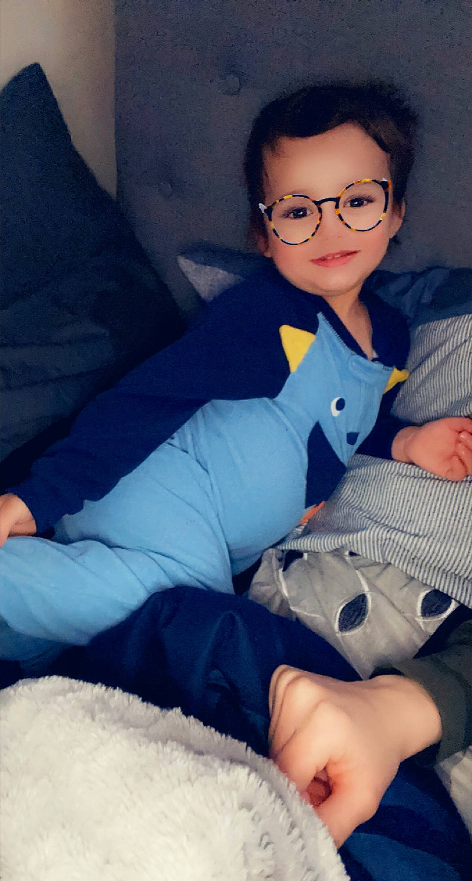 Carter joined the competition — help win amazing prizes! arm, azure, blue, comfort, eye, face, finger, flash_photography, glasses, hairstyle, head, human, lap, leg, person, skin, sleeve, textile, thigh, vision_care