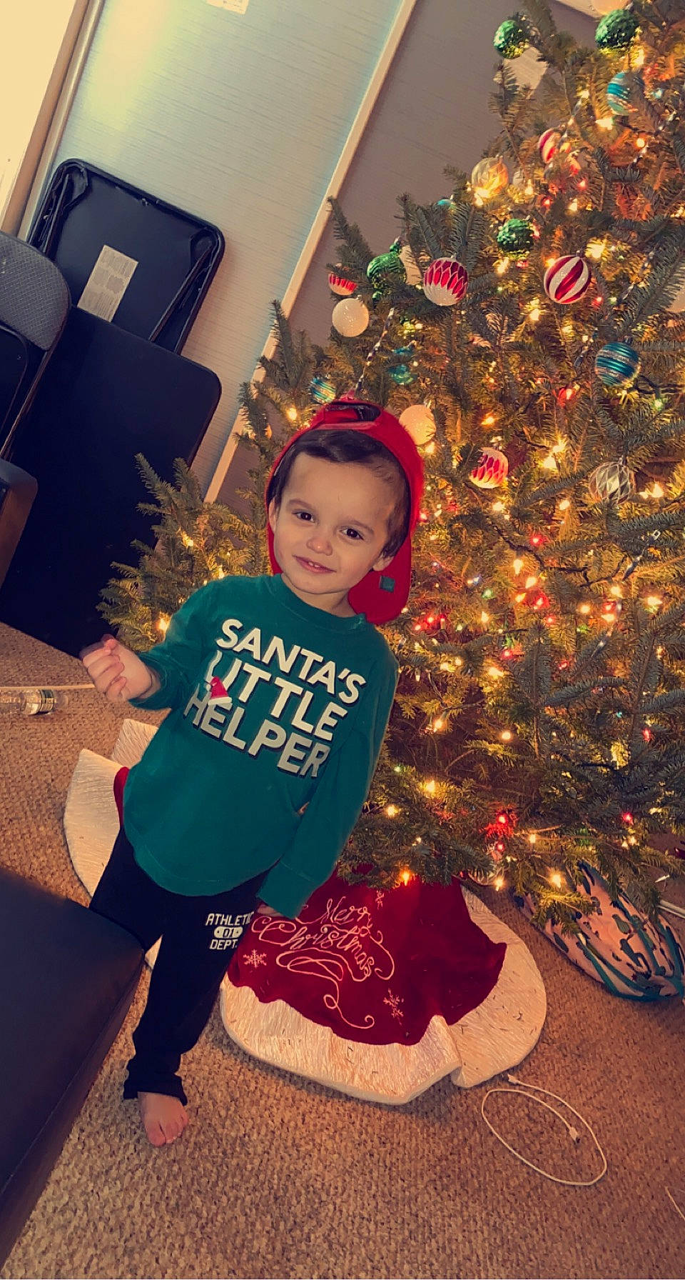 Carter joined the competition — help win amazing prizes! christmas, christmas_decoration, christmas_eve, christmas_lights, christmas_ornament, christmas_tree, conifer, door, event, holiday, holiday_ornament, home, interior_design, joy, lap, living_room, ornament, person, pine_family, red