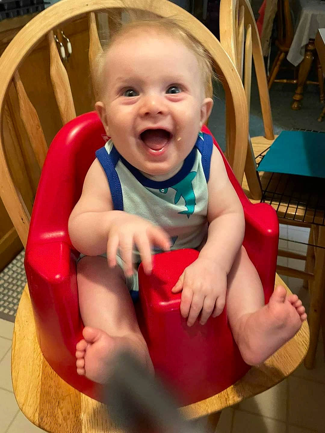 Waylon joined the competition — help win amazing prizes! baby, baby_products, baby_toddler_clothing, chair, cheek, child, comfort, finger, foot, fun, happy, human_leg, lap, leisure, person, sitting, skin, smile, thigh, thumb