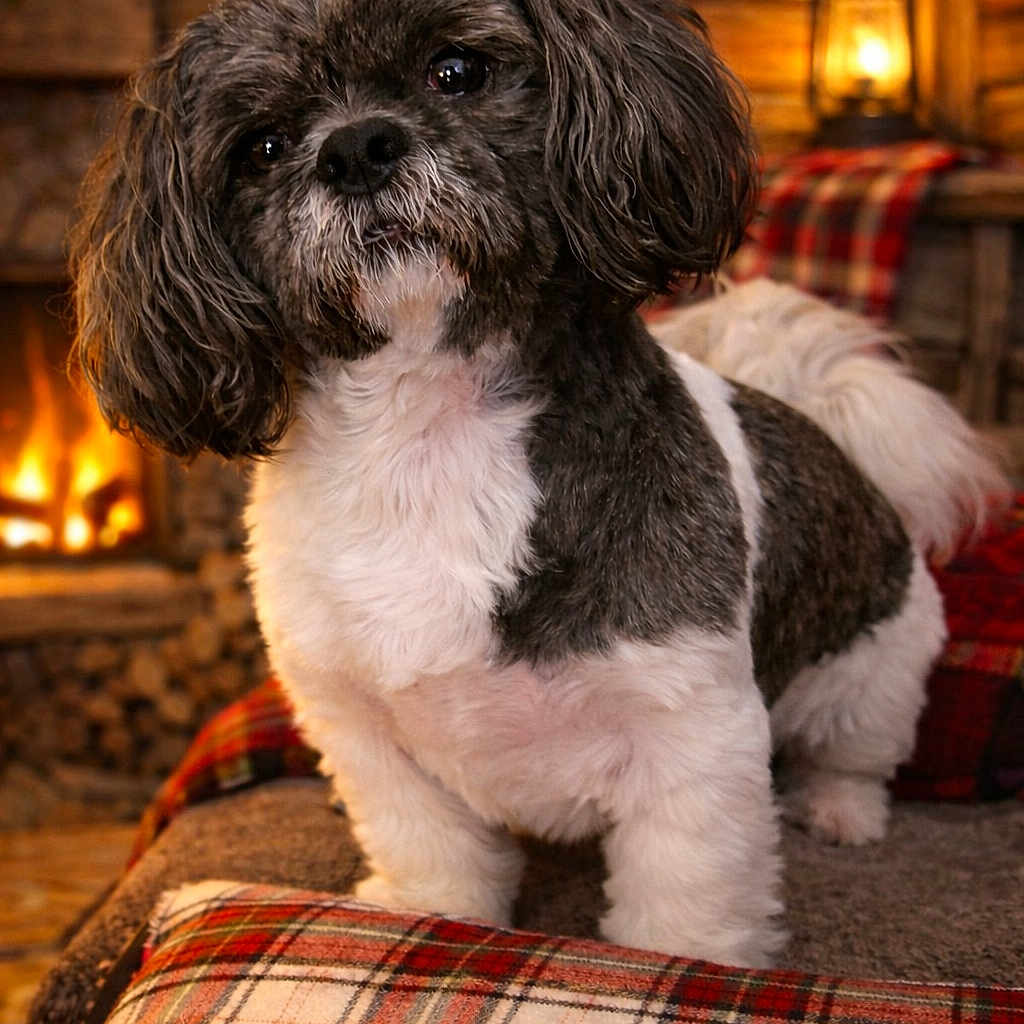 Marley Ray joined the competition — help win amazing prizes! animal, black_and_white, companion, cozy, cute, dog, fireplace, fur, furniture, holiday_vibes, home, indoor, pet, plaid_blanket, portrait, relaxing, sitting, small_dog, warm_lighting, wooden_interior