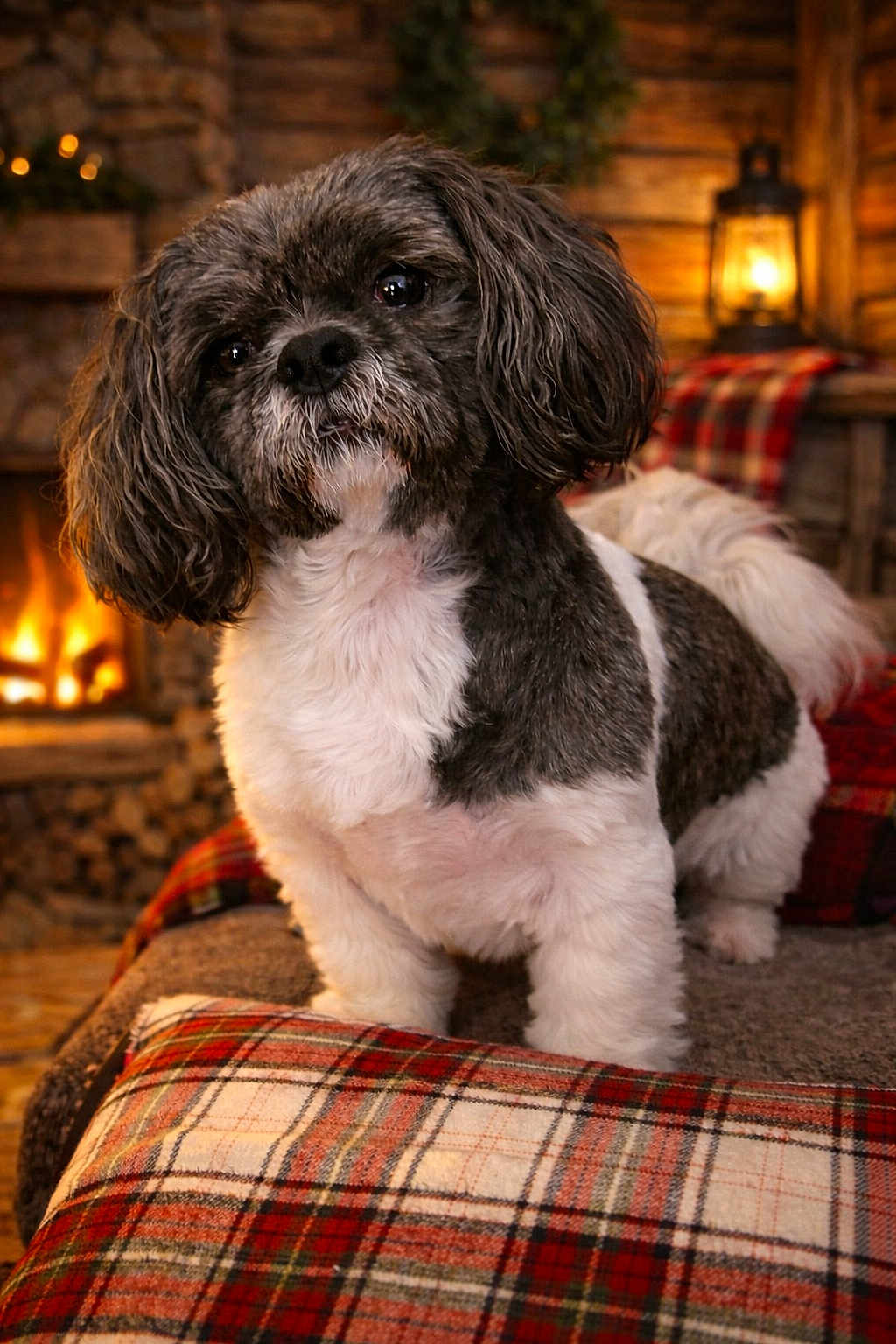 Marley Ray joined the competition — help win amazing prizes! dog, pet, indoor, plaid_blanket, fireplace, cozy, warm_lighting, fur, black_and_white, cute, small_dog, wooden_interior, home, portrait, sitting, animal, furniture, relaxing, companion, holiday_vibes