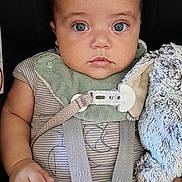 Kassim participe au concours pour gagner de l'argent avec cette photo : baby, child, car_seat, seatbelt, blanket, soft_toy, straps, closeup, portrait, infant, cute, chubby_cheeks, wide_eyes, clothing, indoor, sitting, secure, comfort, expression, adorable