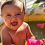 baby, child, closeup, cute, expression, fun, happy, infant, outdoor, pink, play, pool, skin, smile, splash, summer, sunlight, toy, warm, water