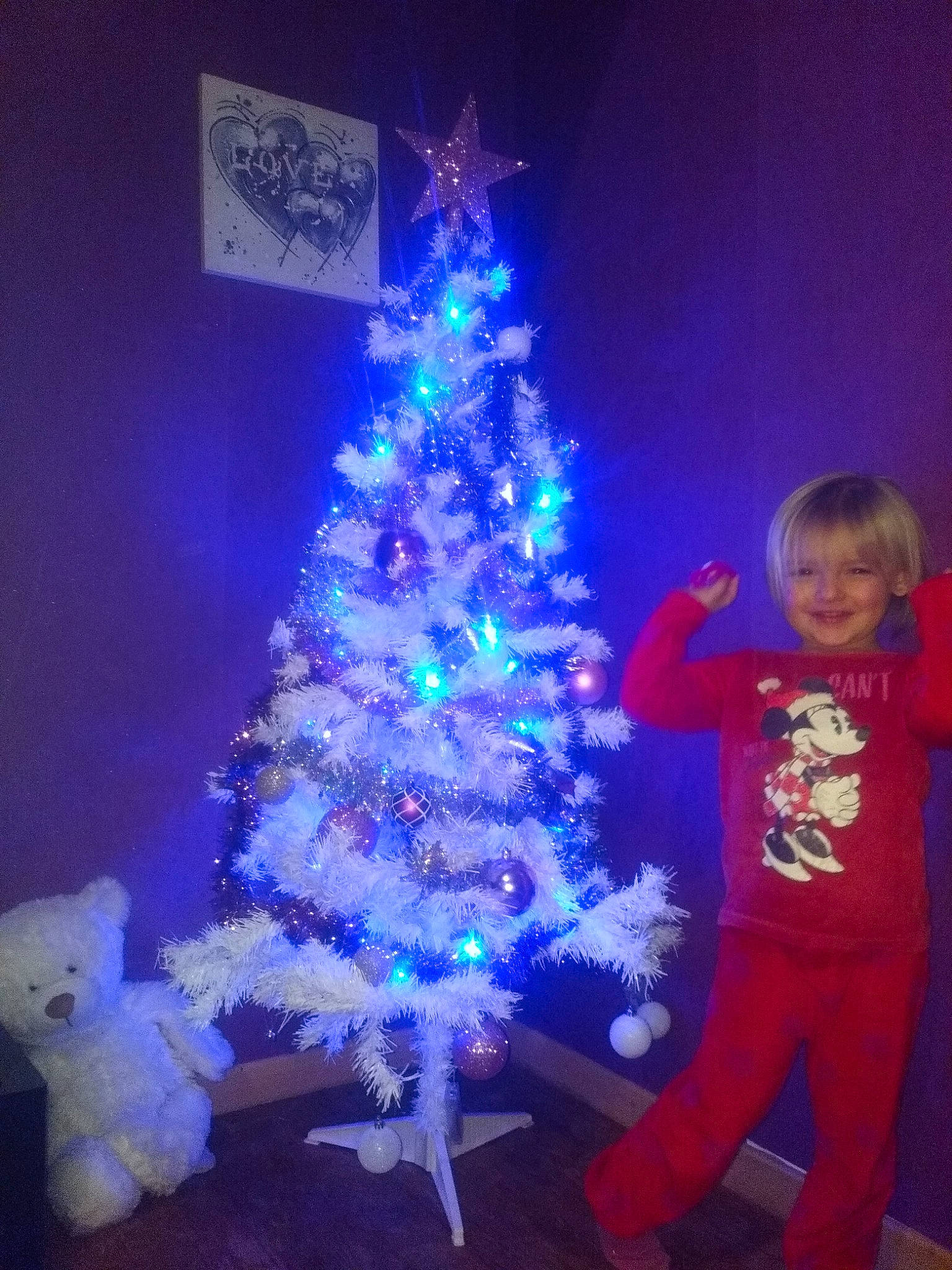 Kaïna participe au concours pour gagner de l'argent avec cette photo : blue, christmas, christmas_decoration, christmas_lights, christmas_ornament, christmas_tree, decor, event, fir, holiday, joy, person, purple, spruce