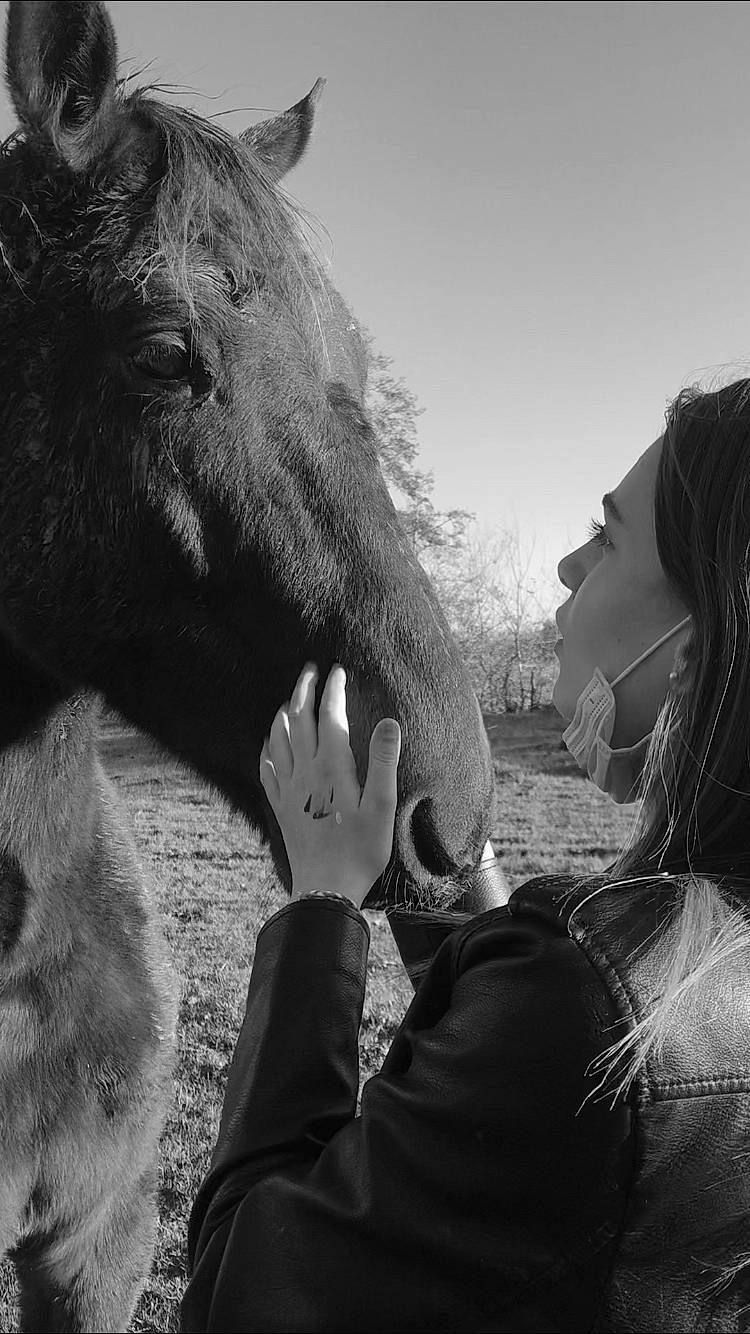 Léna a rejoint le concours — aidez-le/la à gagner de superbes lots ! black_and_white, fur, gesture, grazing, horse, human, interaction, livestock, love, mammal, mane, mare, monochrome, monochrome_photography, pack_animal, people_in_nature, person, snout, stallion, terrestrial_animal