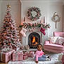 Zanari is registered to the contest to win money with this photo: child, christmas_tree, cozy, decorations, festive, fireplace, gifts, holiday_decor, living_room, mantel, ornaments, pink_theme, presents, rug, sitting, sofa, stocking, toddler, wrapped_gift, wreath