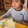 Eli joined the competition — help win amazing prizes! child, boy, menu, restaurant, table, indoor, casual_clothing, long_sleeve_shirt, dark_hair, waiting, seated, wooden_table, menu_cards, restaurant_interior, brick_wall, lighting, person, food_menu, expression, young