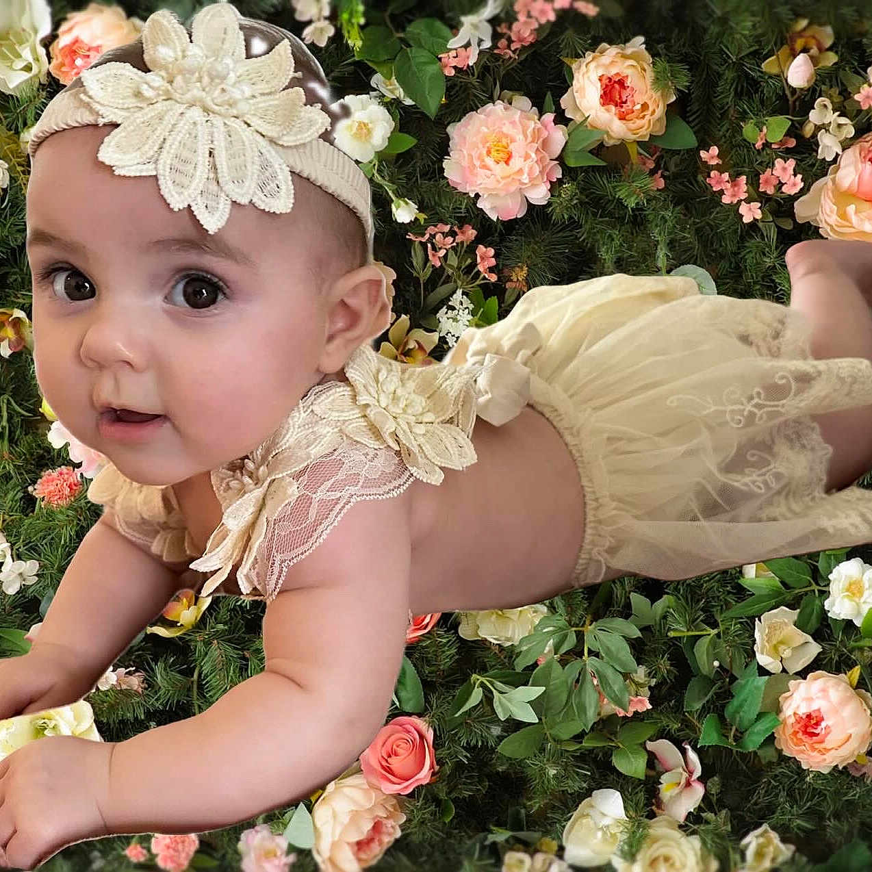 Aurora joined the competition — help win amazing prizes! baby, babycrawling, clothing, crawling, dahlia, dress, face, flower, flowerarrangement, flowerbouquet, hat, head, person, petal, photography, plant, portrait, rose, sitting, sleeve