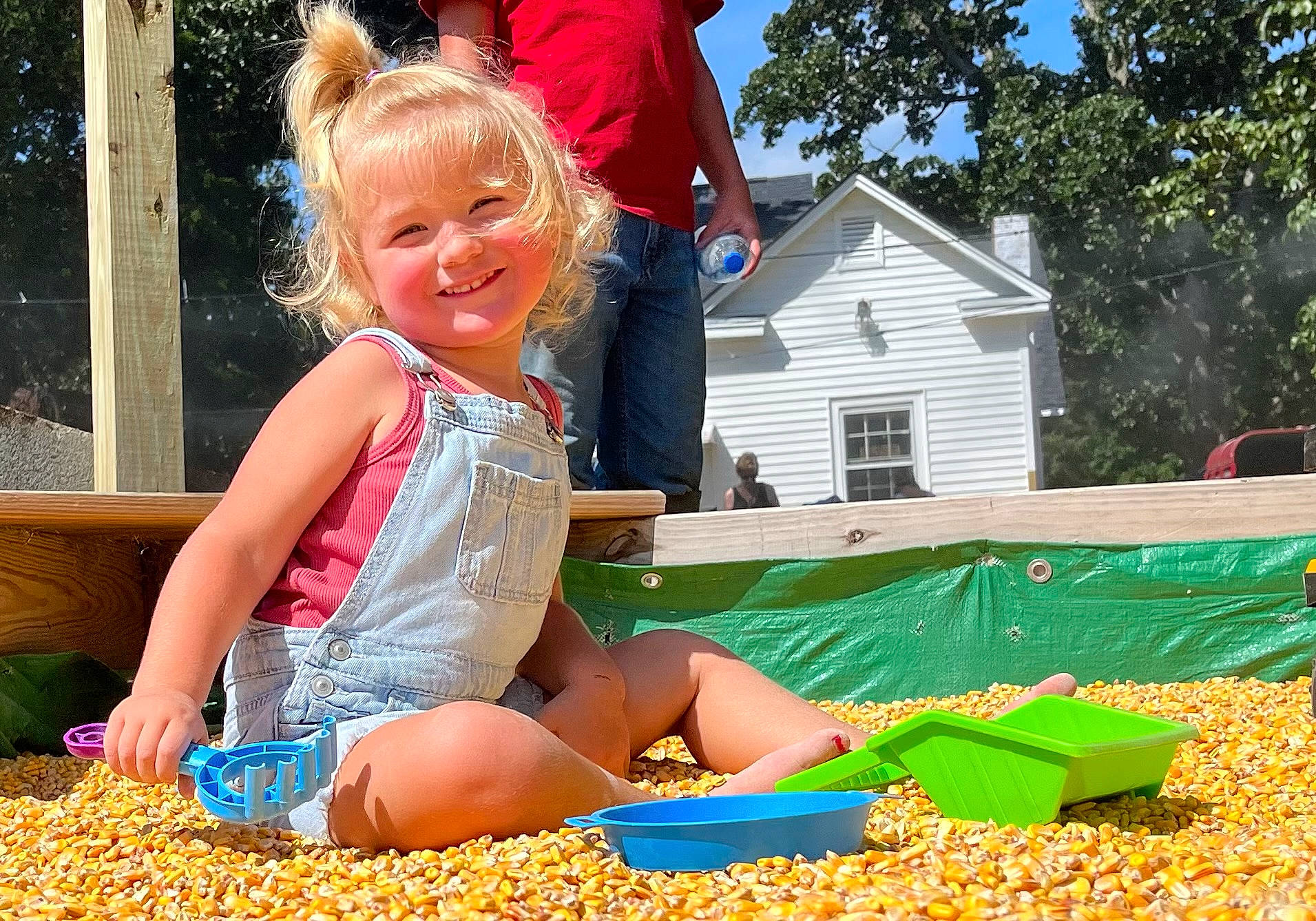 Olivia is registered to the contest to win money with this photo: child, fun, grass, happy, house, joy, leisure, natural_foods, people_in_nature, person, plant, produce, public_space, recreation, shorts, smile, soil, summer, t_shirt, toddler