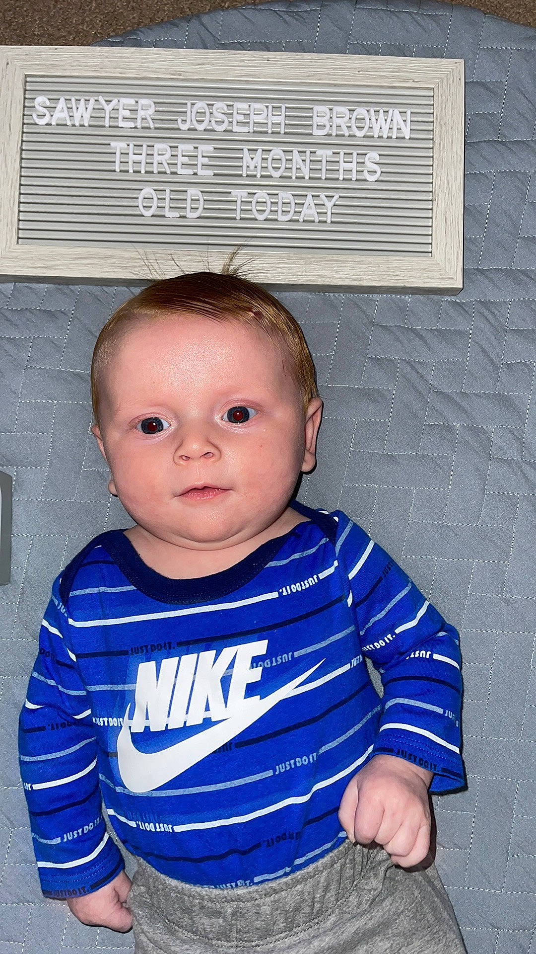 Sawyer is registered to the contest to win money with this photo: baby, baby_toddler_clothing, cheek, child, chin, cool, electric_blue, gas, happy, long_sleeved_t_shirt, nose, person, photograph, portrait_photography, sleeve, t_shirt, toddler, white