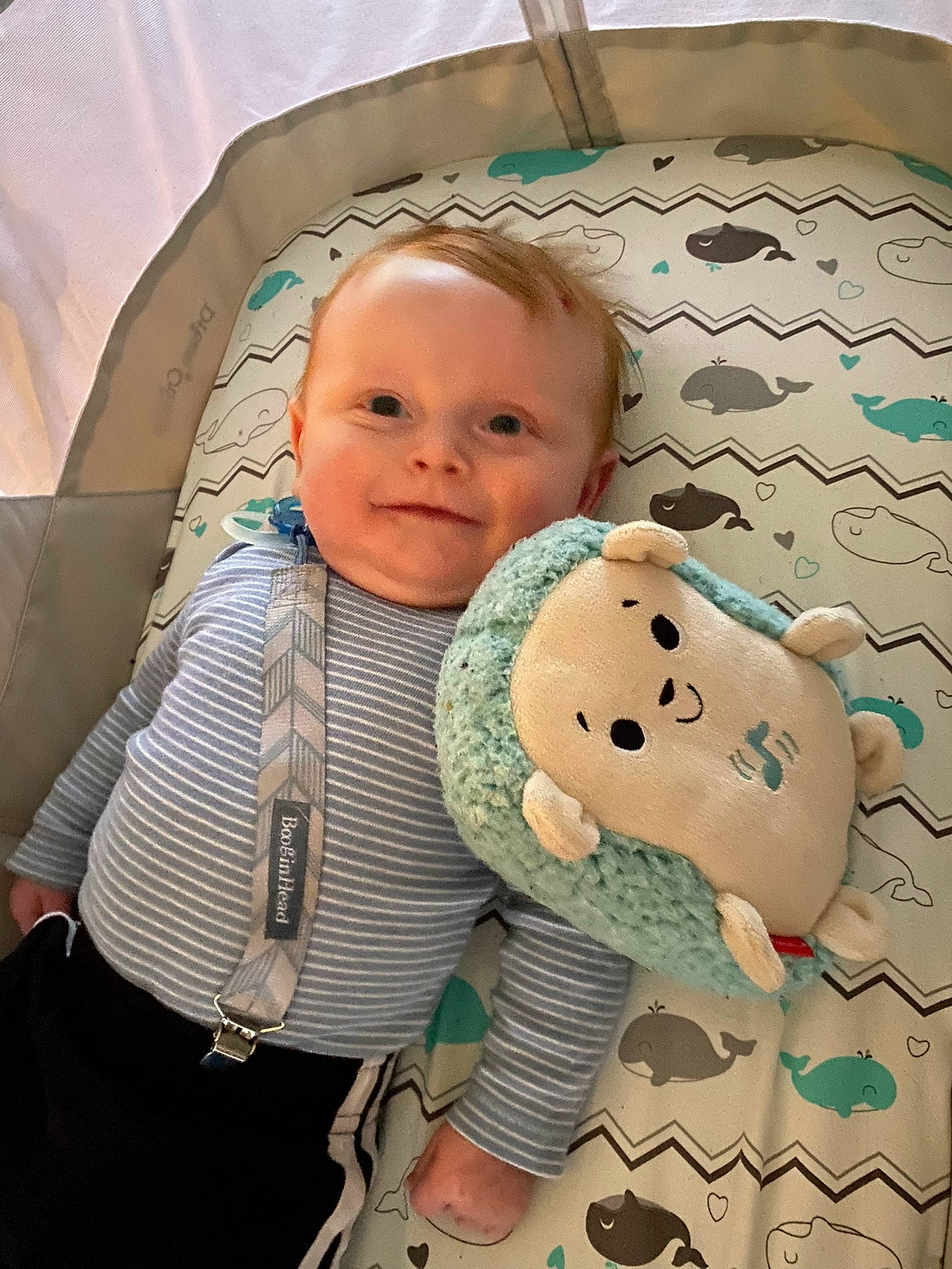 Sawyer is registered to the contest to win money with this photo: baby, baby_products, baby_safety, baby_toddler_clothing, bedding, cheek, child, comfort, happy, linens, pattern, person, plush, room, sitting, sleeve, stuffed_toy, textile, toddler, toy