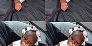 Jaloni is registered to the contest to win money with this photo: baby, infant, child, pacifier, bows, pink_clothing, white_shirt, black_cushion, relaxing, cute, portrait, indoors, collage, four_panel, footwearless, bracelet, hair_accessory, lying_down, comfortable, adorable