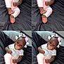 baby, infant, child, pacifier, bows, pink_clothing, white_shirt, black_cushion, relaxing, cute, portrait, indoors, collage, four_panel, footwearless, bracelet, hair_accessory, lying_down, comfortable, adorable