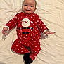 Mylie a rejoint le concours — aidez-le/la à gagner de superbes lots ! baby, child, smiling, red_clothing, polka_dot, santa_claus, onesie, lying_down, bed, blanket, infant, cute, holiday, festive, indoors, person, happy, face, head, sleepwear