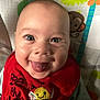 Nio joined the competition — help win amazing prizes! baby, background, bee_patch, cartoon_monkey, cheerful, child, closeup, cute, expression, eyes, face, happy, head, indoors, infant, playful, red_bib, smiling, striped_clothing, tongue_out