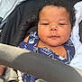 baby, infant, stroller, curly_hair, navy_blue_clothing, sailboat_pattern, seatbelt, blanket, child, indoors, face, cute, portrait, young_child, sitting, closeup, sunlight, comfort, rest, peaceful