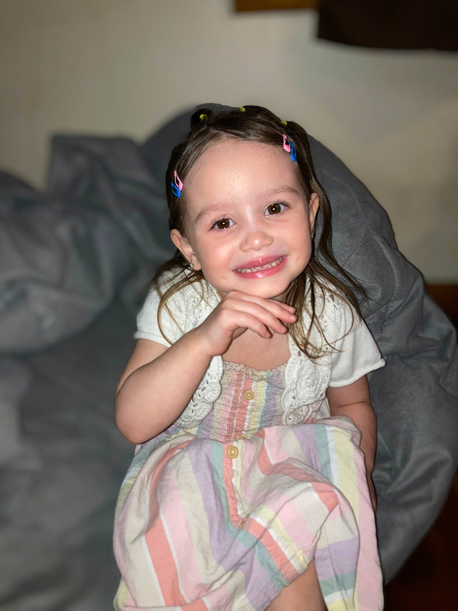 Alyssa joined the competition — help win amazing prizes! arm, audio_equipment, baby_toddler_clothing, black_hair, cheek, child, chin, comfort, ear, eye, eyelash, flash_photography, fun, happy, iris, joy, lip, neck, person, skin