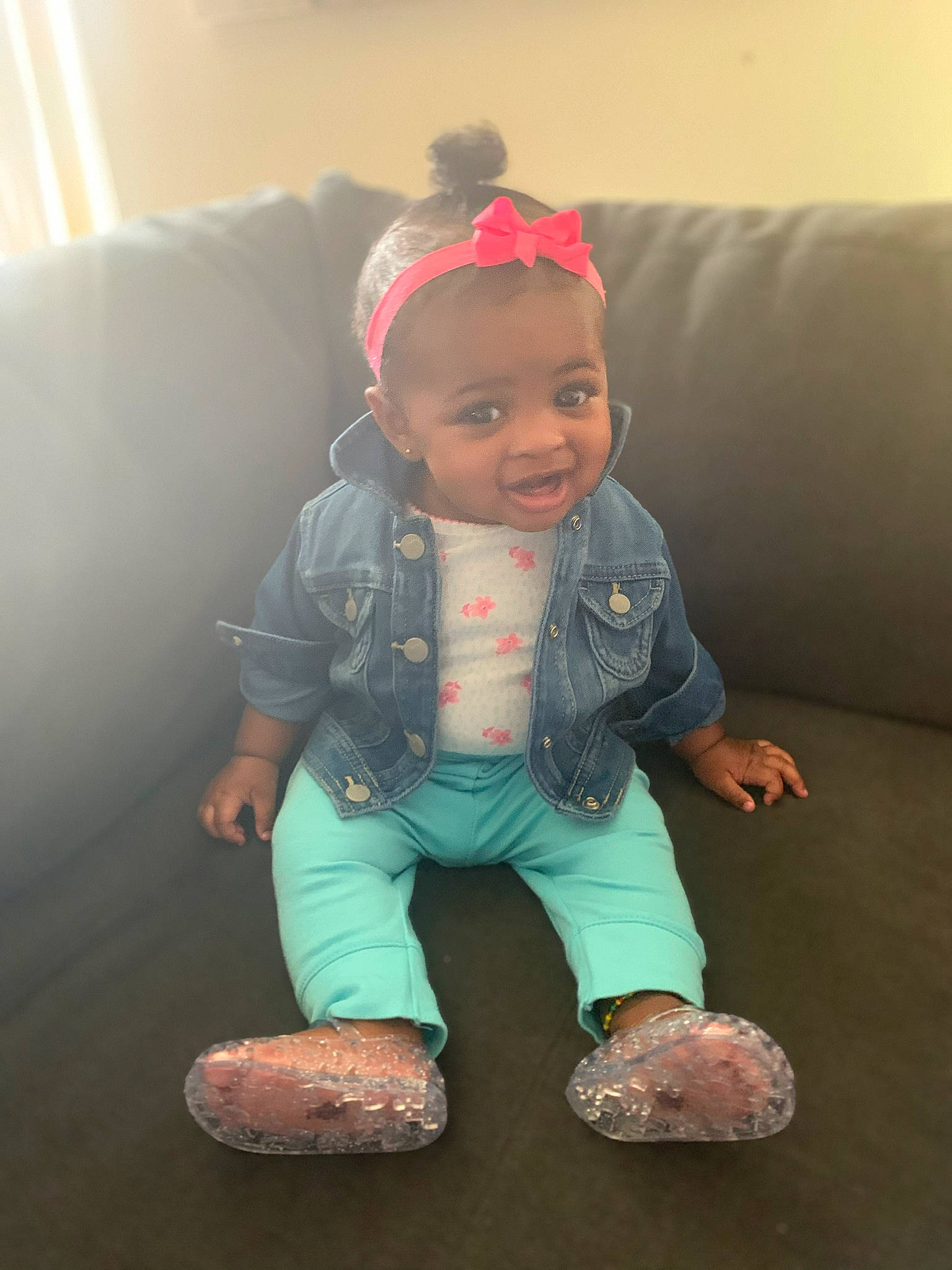 Dylan joined the competition — help win amazing prizes! baby, cheek, child, fun, green, hair_accessory, head, headgear, person, pink, play, sitting, skin, smile, toddler