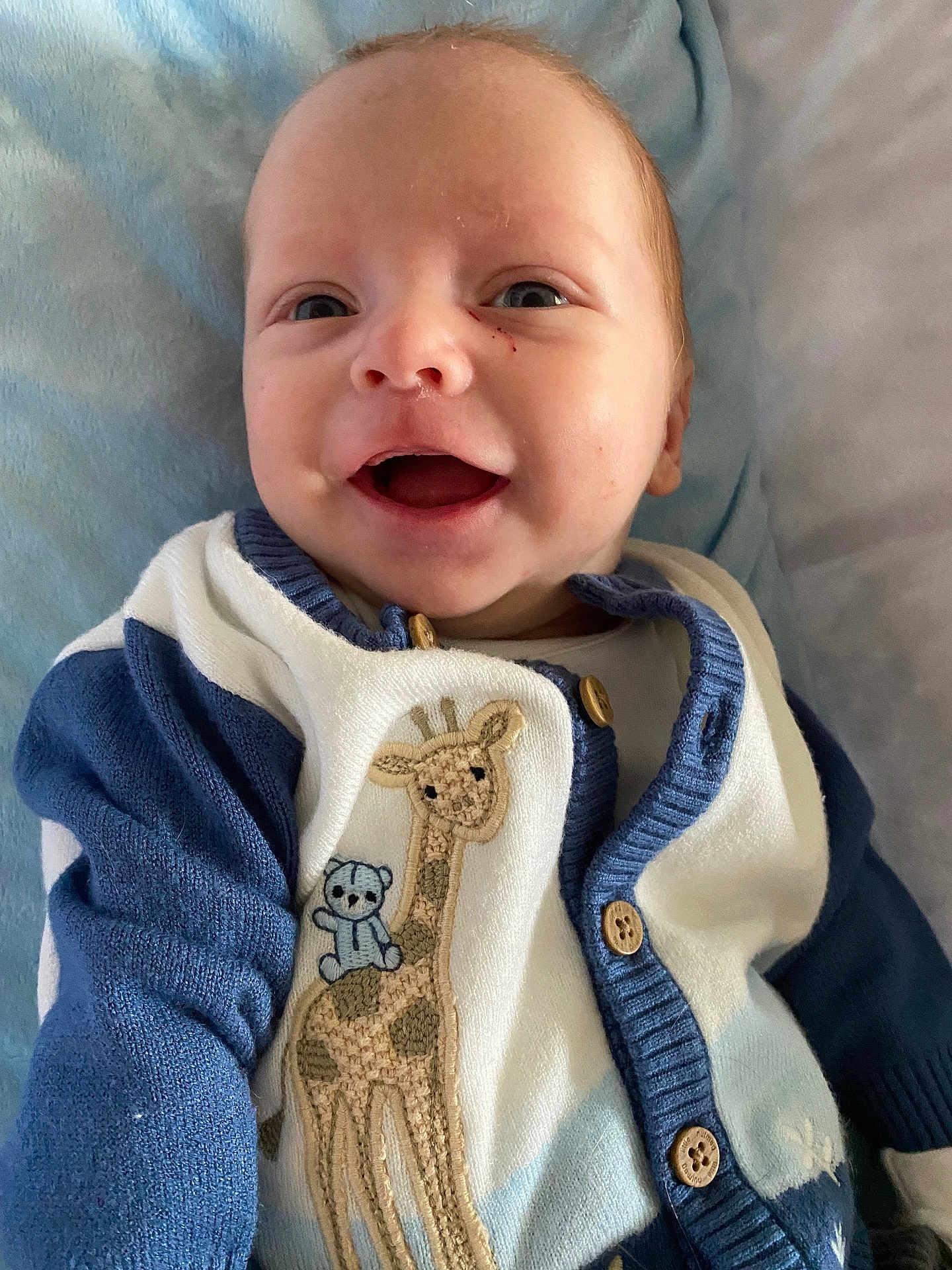 Stanley joined the competition — help win amazing prizes! baby, smile, face, sweater, blue, white, giraffe_patch, teddy_bear_patch, button, infant, child, lying_down, blanket, cute, happy, closeup, skin, person, indoors, portrait