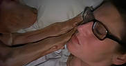 Zoey joined the competition — help win amazing prizes! person, dog, glasses, pillow, bed, cuddle, sleeping, relaxation, indoor, closeup, face, paw, white_shirt, comfort, night, cozy, rest, friendship, pet, affection
