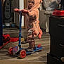 toddler, child, scooter, indoor, onesie, pink_clothing, toy, floor, carpet, vacuum_cleaner, cabinet, door, plastic_bag, shadow, wood_floor, socks, furniture, play, cute, person