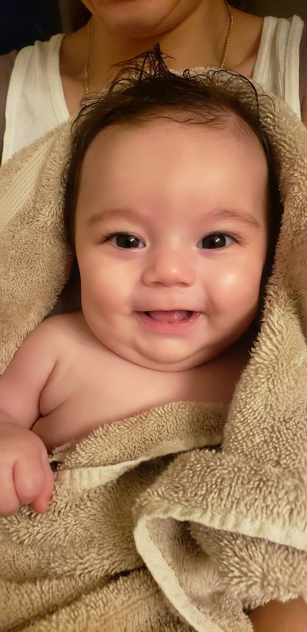 Alena is registered to the contest to win money with this photo: baby, cheek, child, close_up, comfort, eyebrow, eyelash, flash_photography, forehead, gesture, happy, iris, joy, lip, mouth, nose, person, skin, sleeve, smile