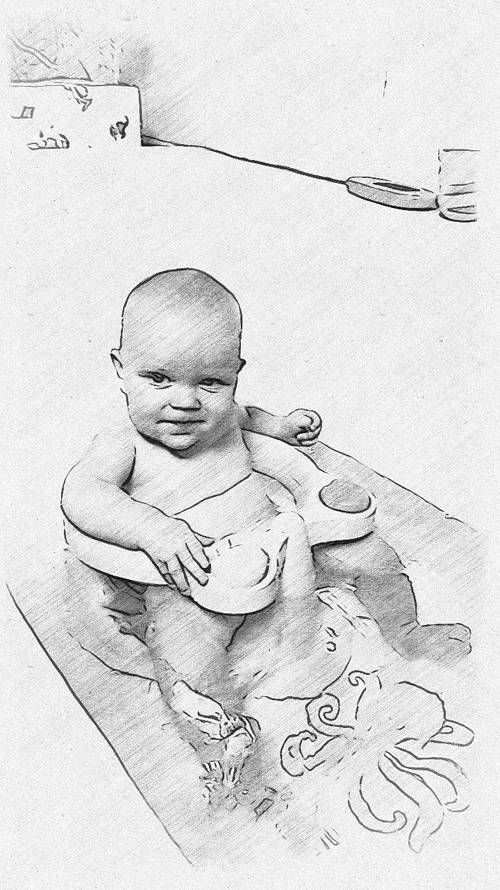 Gabin participe au concours pour gagner de l'argent avec cette photo : art, baby, black_and_white, chest, child, drawing, gesture, happy, head, illustration, line_art, monochrome, monochrome_photography, painting, person, sitting, smile, style, toddler, visual_arts