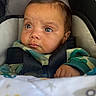 baby, infant, child, face, eyes, wide_eyed, portrait, stroller, car_seat, harness, seatbelt, blanket, clothing, green_clothing, brown_hair, indoors, close_up, sitting, safe, photography