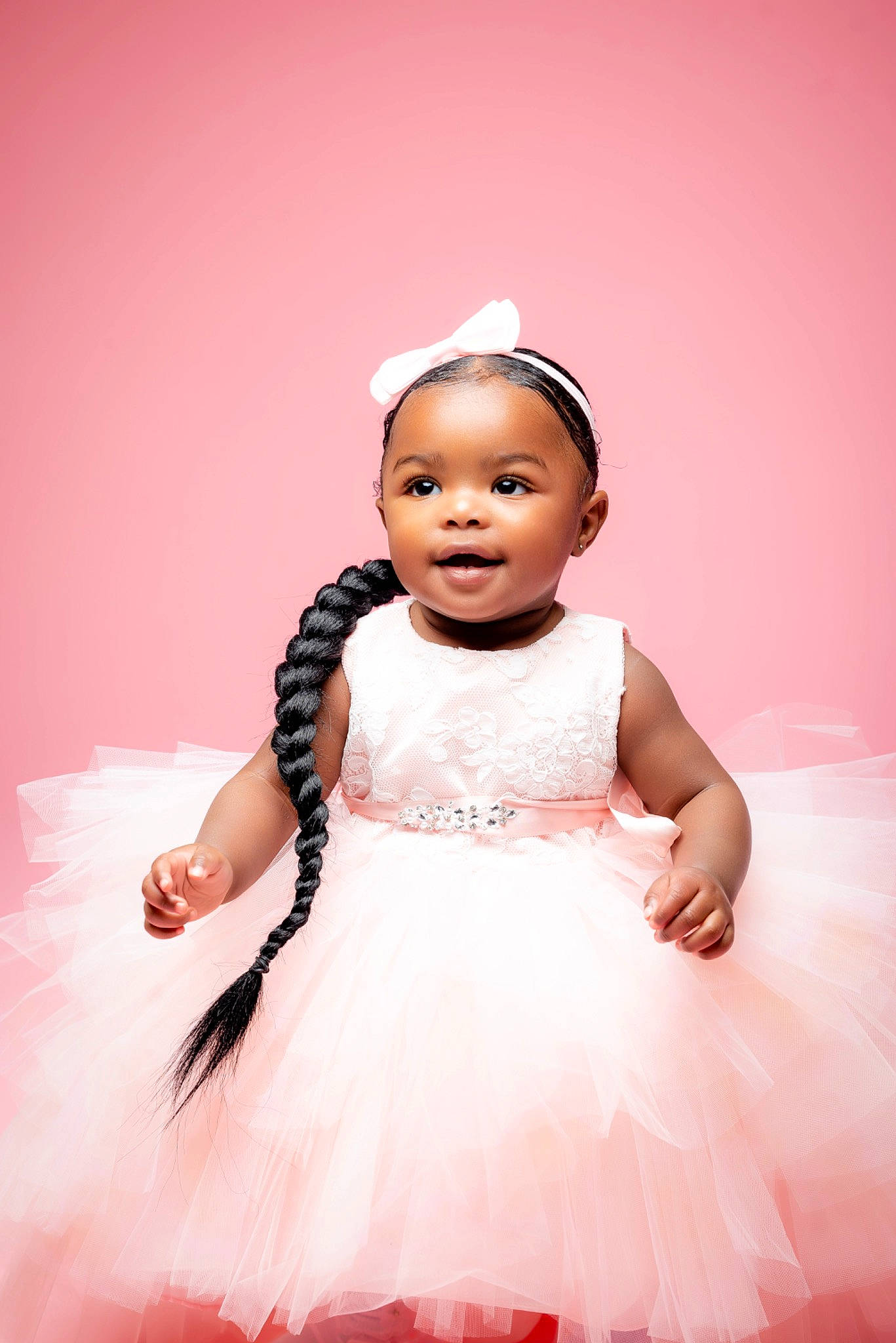 Giselle is registered to the contest to win money with this photo: baby, baby_toddler_clothing, bridal_party_dress, clothing, day_dress, dress, embellishment, event, flash_photography, formal_wear, gesture, happy, headgear, headpiece, magenta, one_piece_garment, person, pink, skin, sleeve