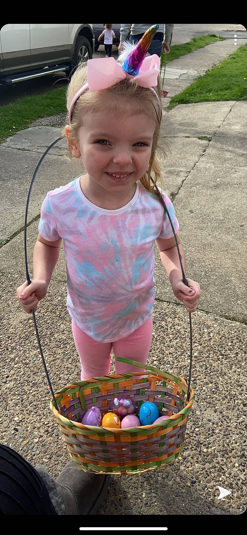 Delaney joined the competition — help win amazing prizes! basket, bowl, dessert, easter, easter_egg, face, goggles, hair_accessory, headband, headpiece, joy, mouth, nose, person, smile, storage_basket, summer, sweetness, toddler