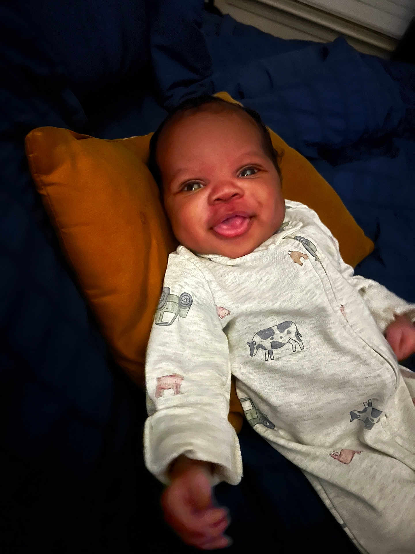 Zyair joined the competition — help win amazing prizes! baby, smiling, onesie, farm_animals, pillow, blanket, infant, cute, happy, portrait, child, lying_down, home, cozy, face, hand, bedroom, soft_lighting, young, person