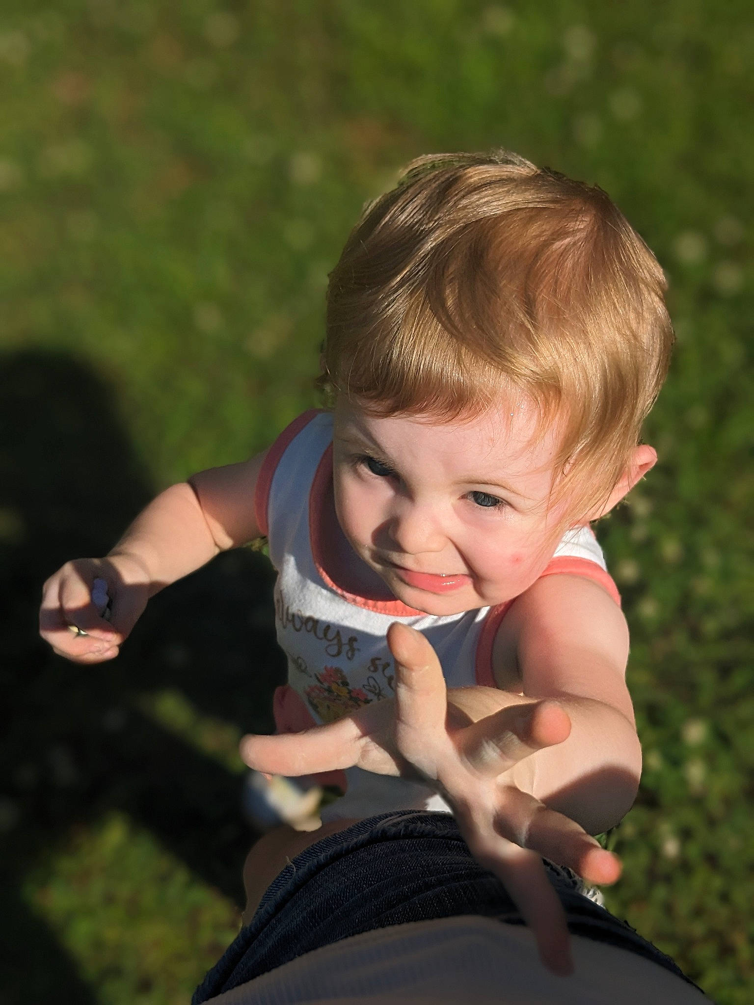 Autumn is registered to the contest to win money with this photo: baby, baby_toddler_clothing, blond, child, finger, flash_photography, fun, gesture, grass, hand, happy, leisure, people_in_nature, person, plant, recreation, smile, swing, thumb, toddler