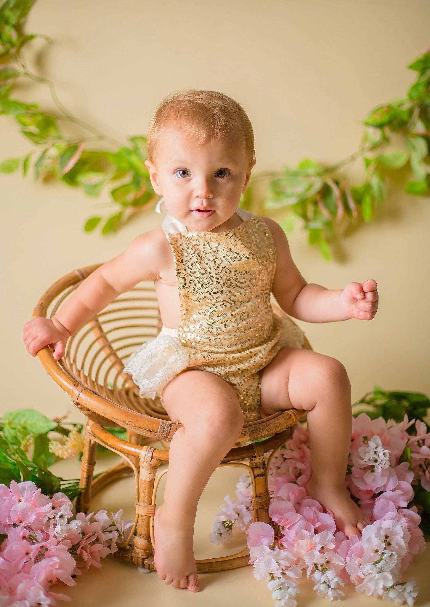 Nora Jean joined the competition — help win amazing prizes! baby, baby_toddler_clothing, chair, child, child_model, clothing, dress, flower, furniture, leg, person, photo_shoot, photography, pink, plant, product, shoe, sitting, smile, toddler