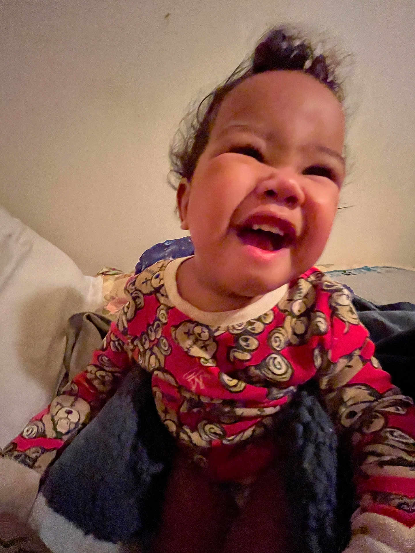 Traviis joined the competition — help win amazing prizes! toddler, child, smiling, laughing, indoor, bed, blanket, pajamas, clothing, person, face, happy, infant, cute, young, cozy, warm, portrait, baby, fun