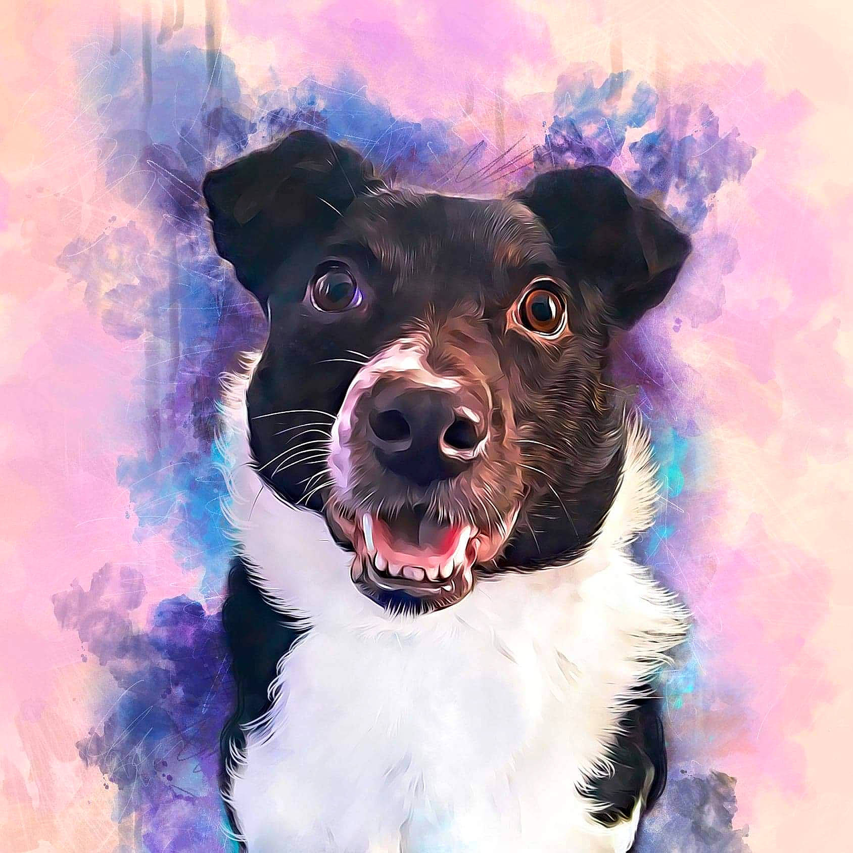 Jazmin is registered to the contest to win money with this photo: art, carnivore, collar, companion_dog, dog, dog_breed, dog_collar, drawing, electric_blue, fur, graphics, happy, illustration, jaw, paint, painting, snout, watercolor_paint, whiskers, working_animal