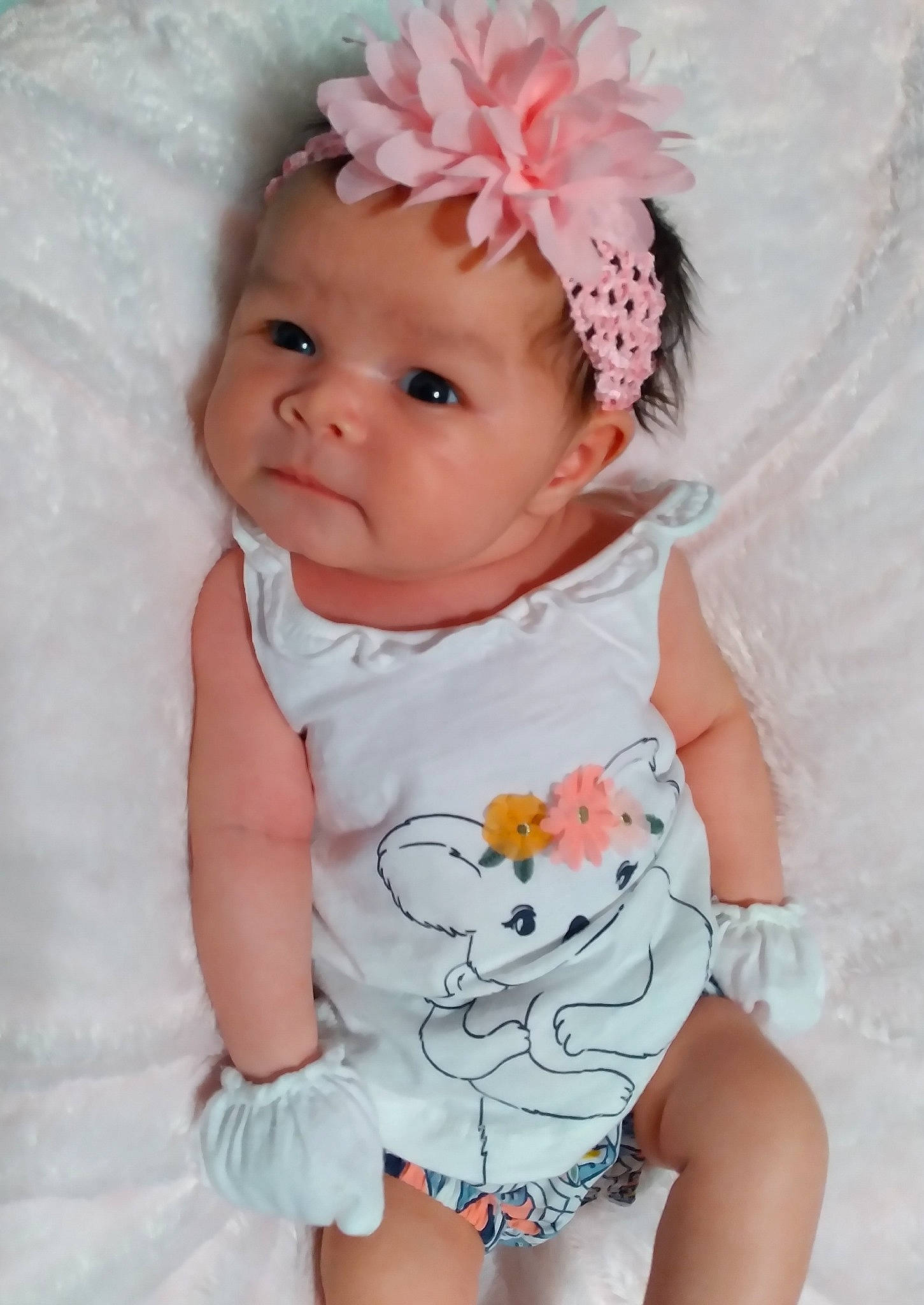 Gianna is registered to the contest to win money with this photo: baby, baby_toddler_clothing, cheek, dress, embellishment, face, hairstyle, headband, headgear, headpiece, headwear, iris, lip, magenta, person, petal, pink, skin, sleeve, textile