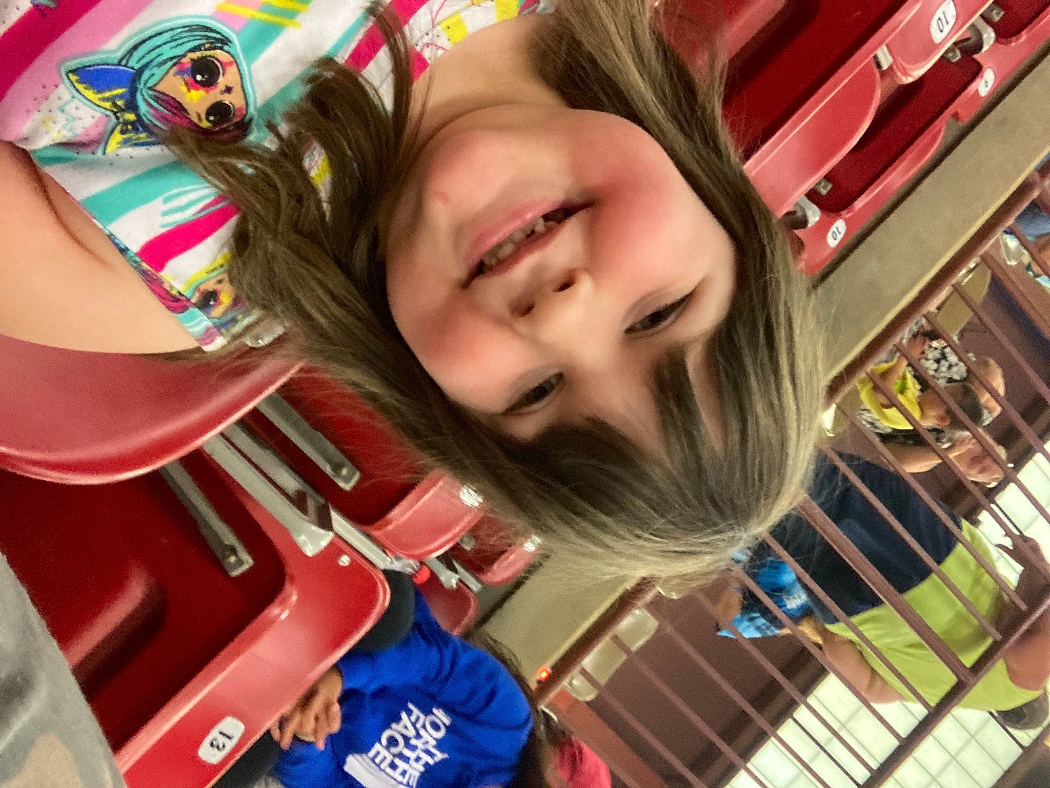 Kinsley is registered to the contest to win money with this photo: amusement_ride, blond, brown_hair, child, eyelash, fun, happy, joy, laugh, leisure, mouth, person, play, product, public_space, recreation, smile, snapshot, summer, t_shirt