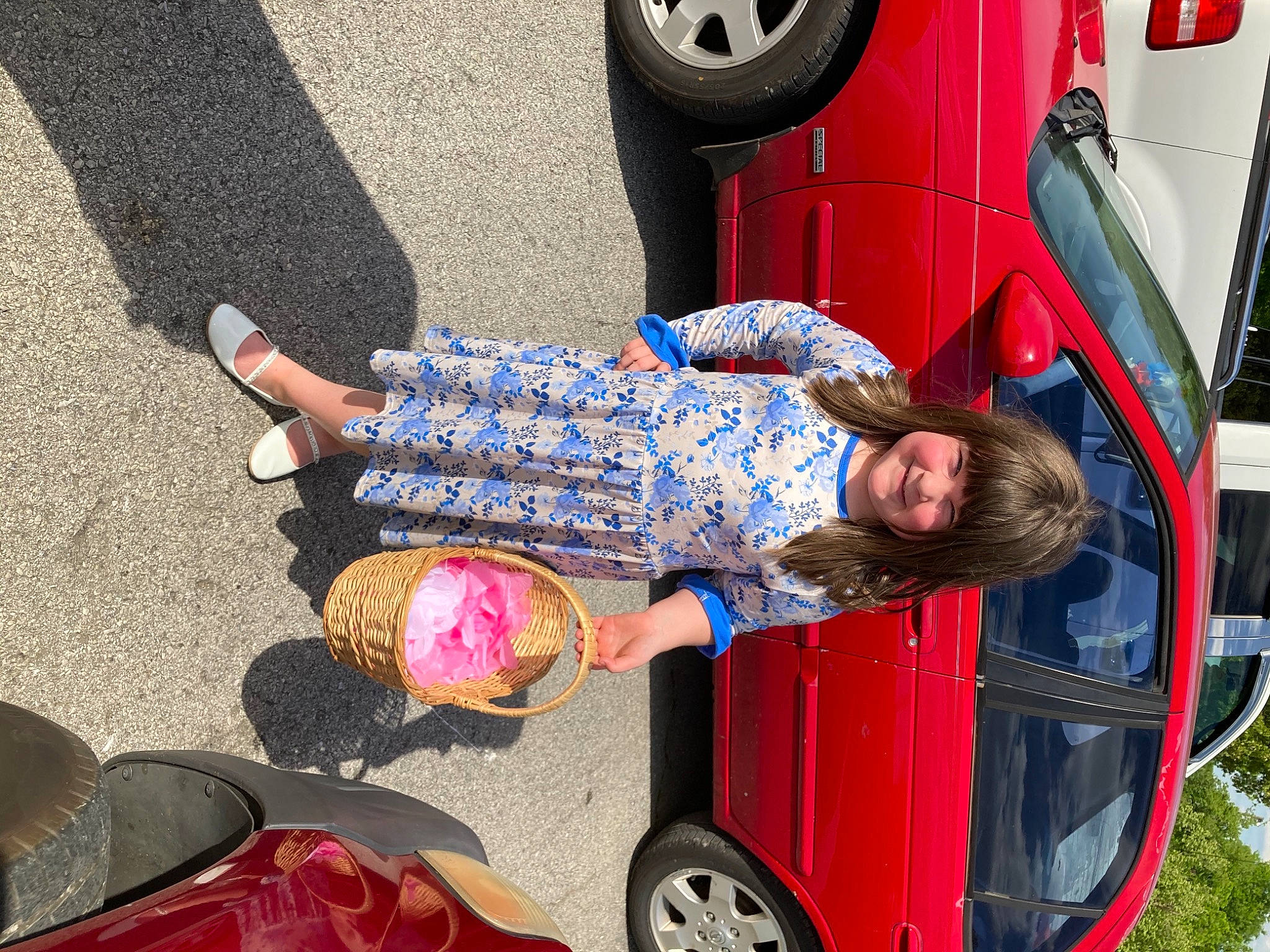 Kinsley joined the competition — help win amazing prizes! automotive_design, automotive_exterior, automotive_lighting, automotive_tire, bumper, car, jeans, joy, land_vehicle, leg, mode_of_transport, motor_vehicle, person, red, shoe, smile, street_fashion, tire, vehicle, vehicle_door