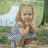 Lennon joined the competition — help win amazing prizes! child, toddler, blonde_hair, pigtails, dress, checkered_pattern, white_sandals, outdoor, pond, greenery, grass, tree, path, summer, nature, cute, portrait, squatting, young_child, daylight