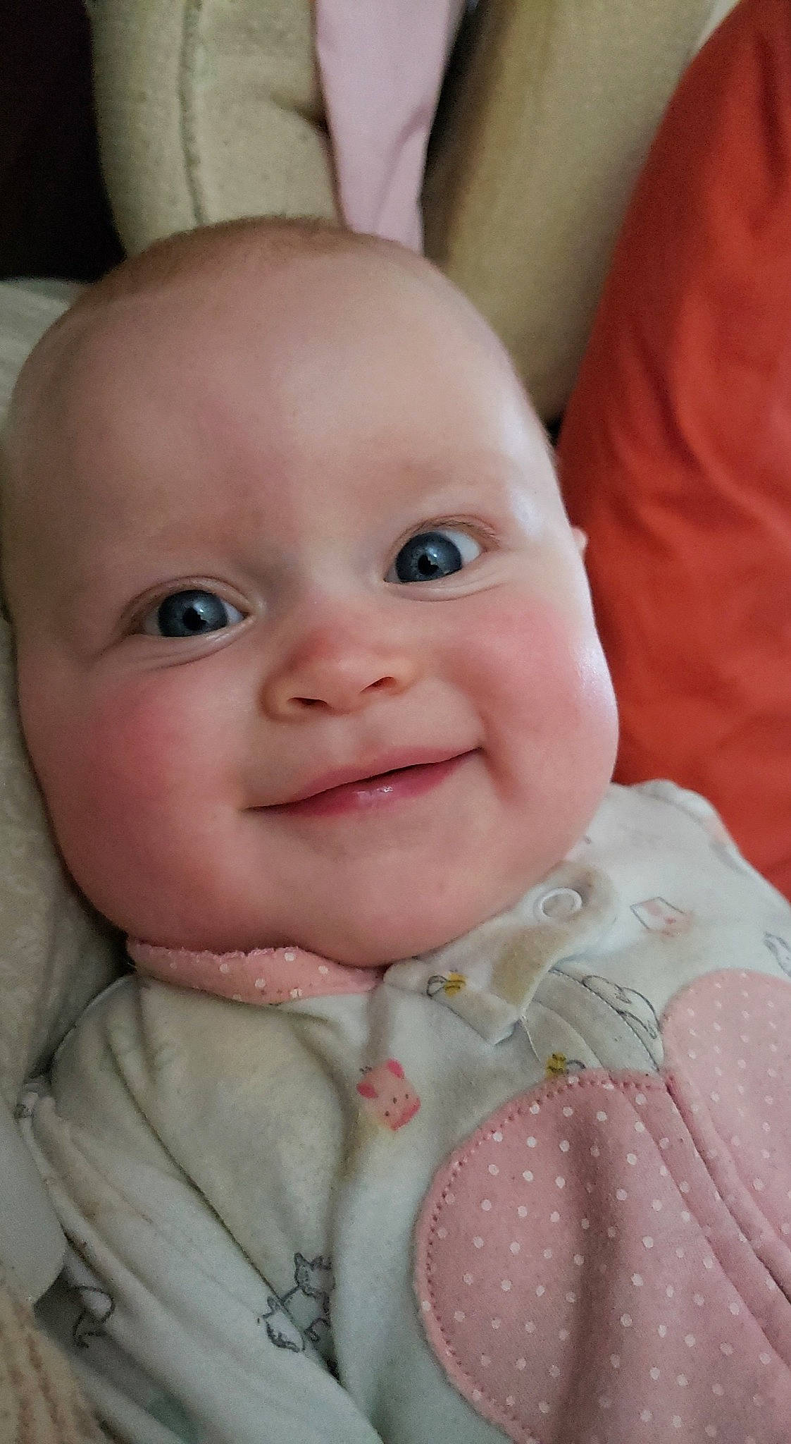 Carlee is registered to the contest to win money with this photo: baby, baby_toddler_clothing, cheek, child, collar, eye, eyebrow, face, hairstyle, happy, head, iris, joy, lip, mouth, nose, person, pink, skin, sleeve