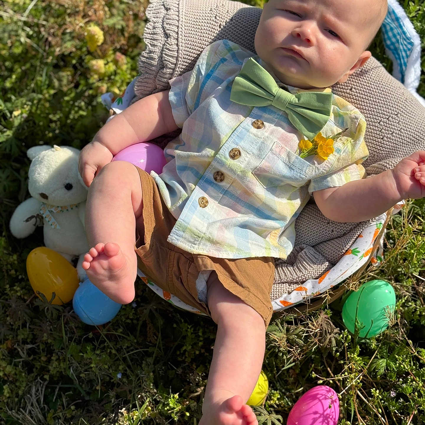 Wyatt is registered to the contest to win money with this photo: accessories, baby, balloon, clothing, cushion, egg, face, food, formalwear, grass, head, homedecor, person, photography, plant, portrait, shorts, sitting, teddybear, tie